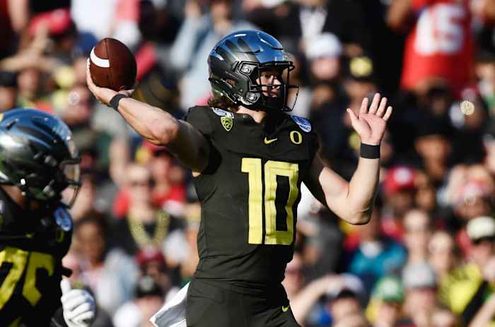 Former Oregon Ducks quarterback Justin Herbert in the 2020 Rose Bowl where he and his team won the bowl for the first time since 2012.